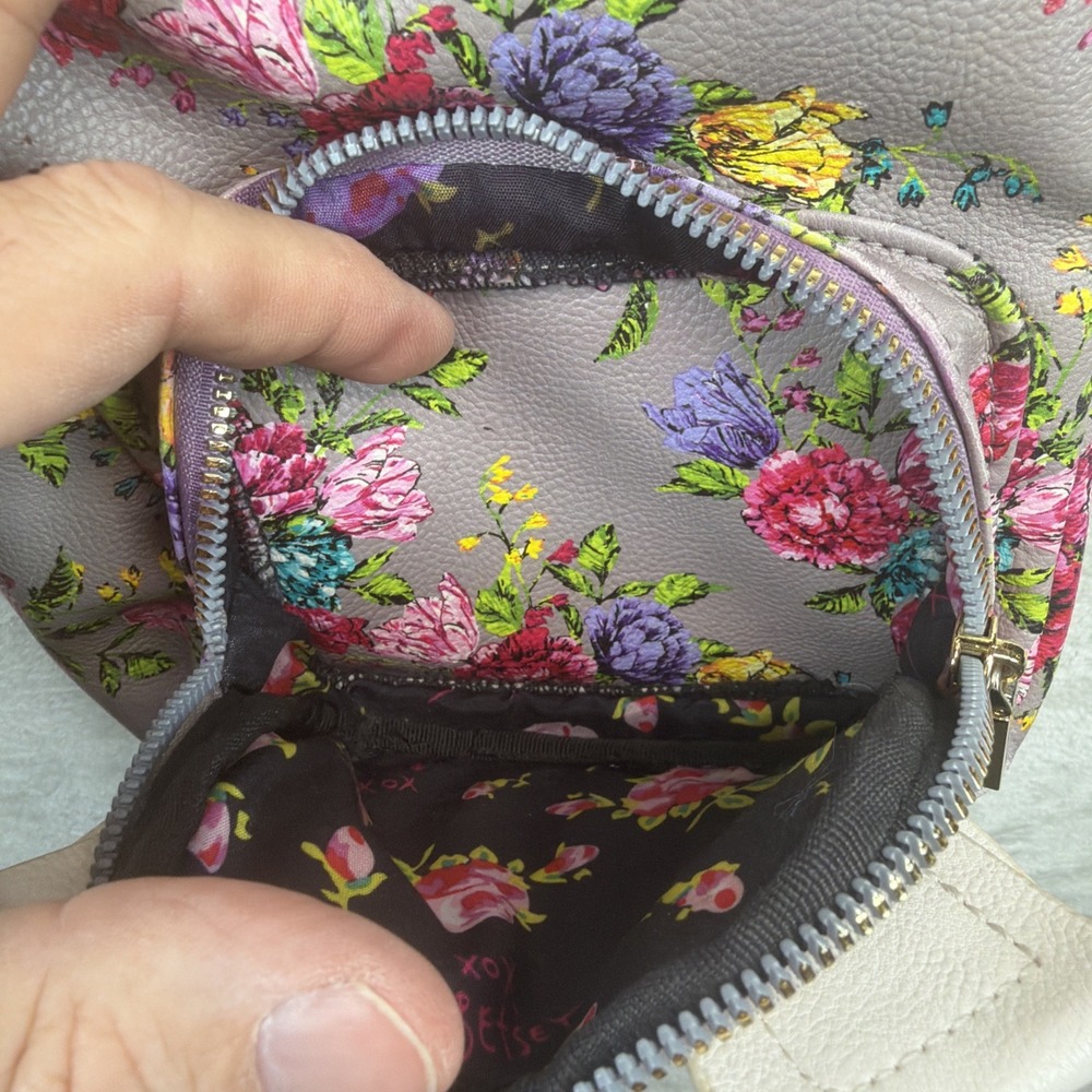 Betsey Johnson Floral Puppy Dog Face Mini Backpack Gray Pink Roses Kitsch Bag - Picture 5 of 10